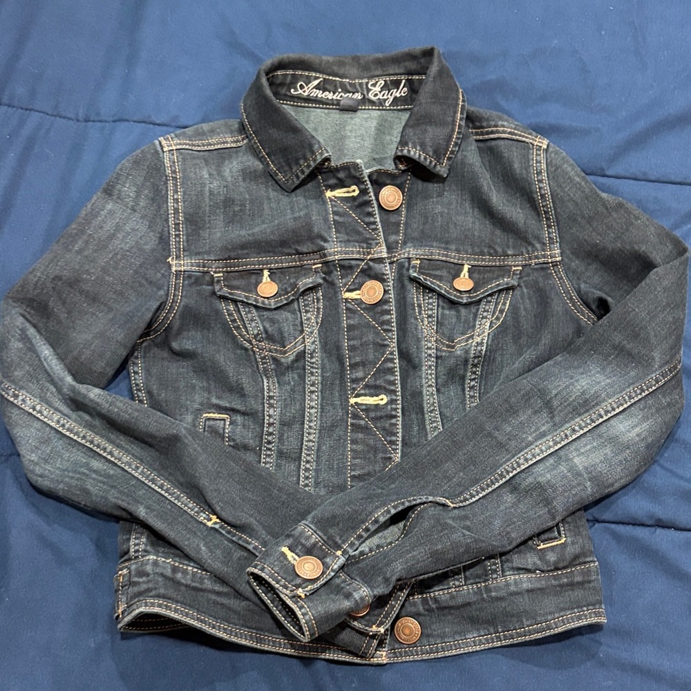 American Eagle Denim Jacket in Dark Navy with Contrasting Stitching